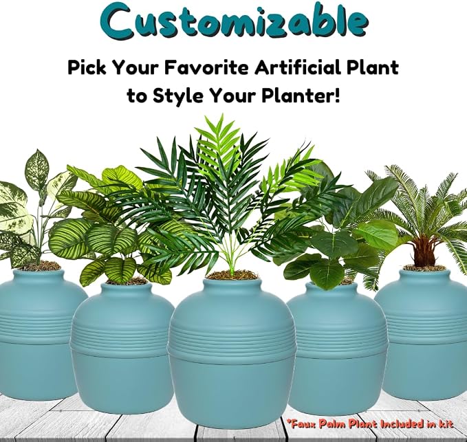 Good Pet Stuff Original Hidden Litter Box Planter, Decorative Cat Litter Enclosure with Carbon Filter, Artificial Palm Plant, Upgraded Design, Easy Clean Litter Tray, Essentials Kit, Caribbean Blue