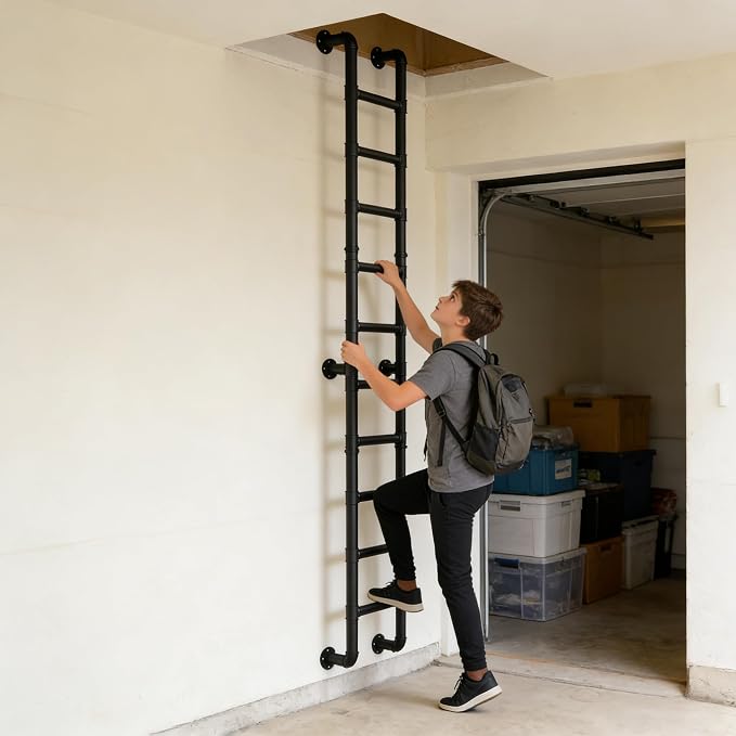 10 Rung Wall Mounted Ladder Heavy Duty 450lbs Capacity, 10FT Steel Pipe Fire Escape Ladder for Egress Window & Basement, Industrial Wall/Floor-Mounted Loft
