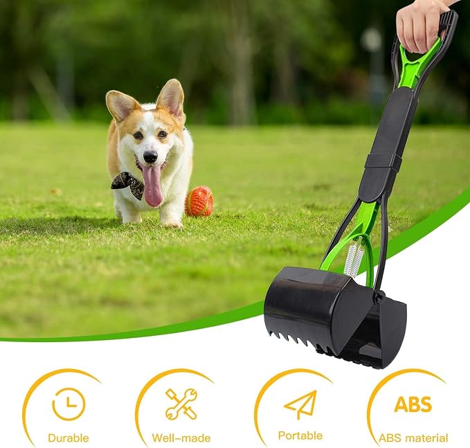 24 Inch Portable Dog Pooper Scooper for Large Small Dogs | Foldable Dog Poop Scoop with Waste Bag Dispenser & 30 Bags, Grass Friendly, Plastic, Grass Friendly, Easy to Use Lever
