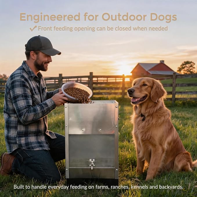 Automatic Dog Feeder Large Breed Outdoor Kennel,Elevated Dog Food Dispenser | 25lbs Gravity Dog Food Station, Stainless Steel, Elevated 3.1" Design, Viewing Window & Dual Lock Secure Prevent Overeating