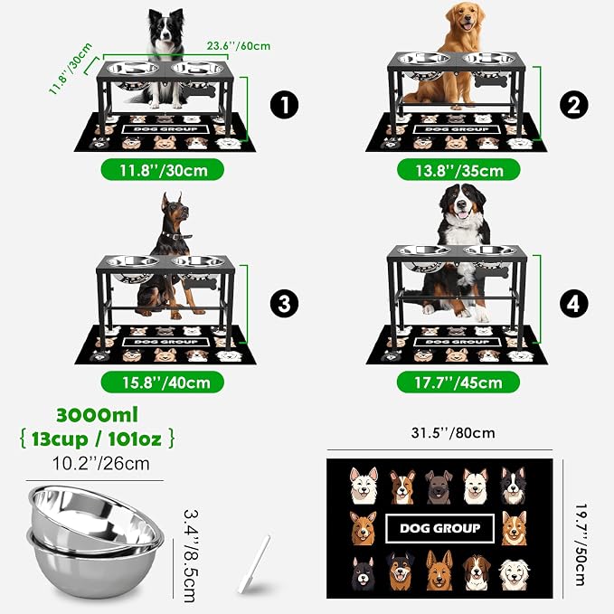 SHAINFUN Elevated Dog Bowls with Mat for Large & Extra Large Dogs, Raised Dog Bowl Stand with Two 101oz Stainless Steel Bowls, Tall Dogs Food Water Bowl Holder