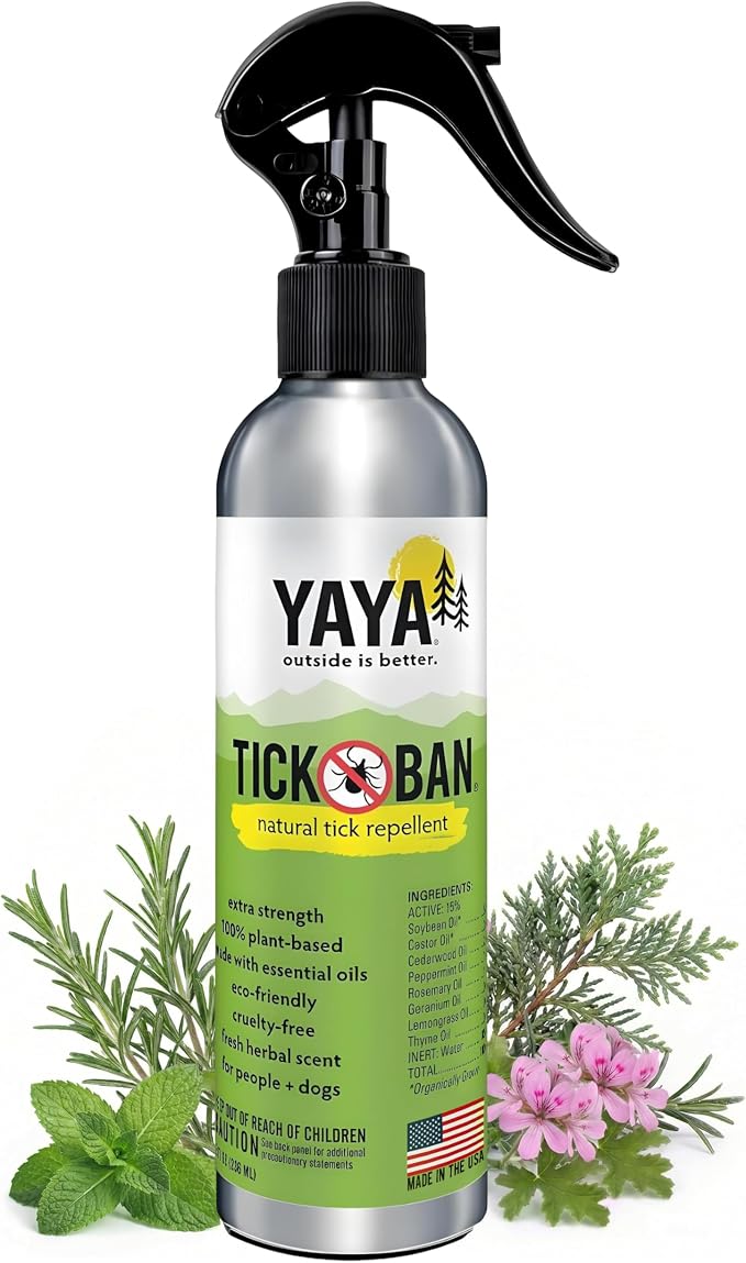 YAYA ORGANICS Tick Ban DEET-Free Mist Spray - Made in USA - All Natural Extra Strength Tick Repellent Spray Made with Essential Oils - Safe for Kids & Dogs (8 Ounce)