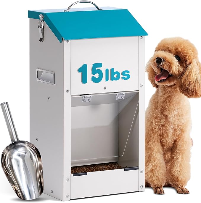 Galvanized Gravity Automatic Dog Feeder,15 Lbs Outdoor Dog Feeders and Dog Food Dispenser with Stainless Steel Feed Shovel for Small and Medium Sized Dogs (15 lbs)