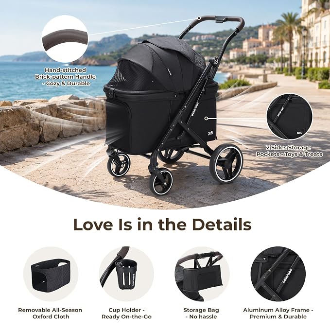 X6 Pet Stroller for Medium Large Pets Up to 70Lbs, Black | 10" Dual-Side Entry, 180° Detachable Canopy, All-Terrain Wheels, Shock Absorption, One-Hand Fold