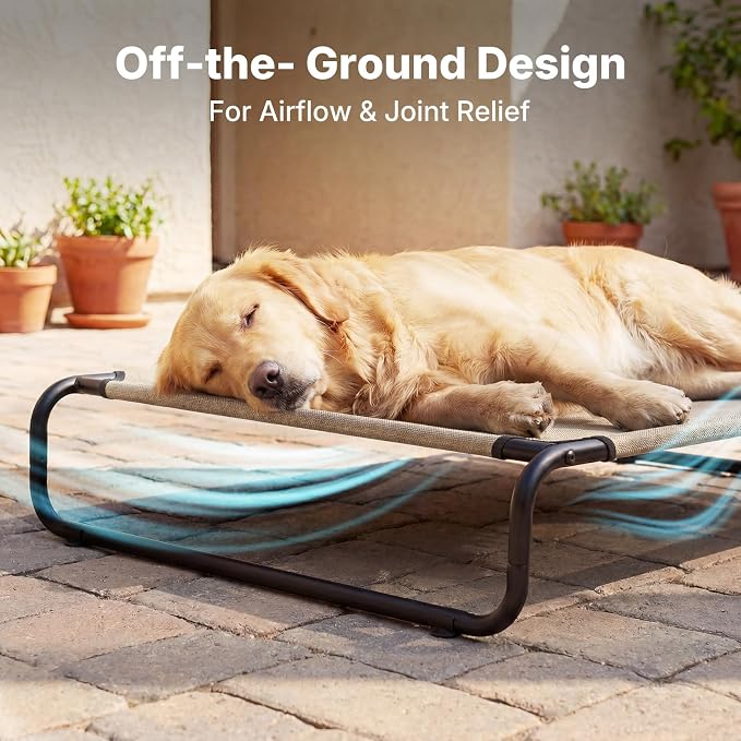 Veehoo Cooling Elevated Dog Bed, Outdoor Raised Dog Bed for Large Dogs | Dog Cot with Thickened Frame, Durable Teslin Mesh & Anti-Slip Rubber Feet, Pet Hammock for Indoor or Camping, 45", Beige