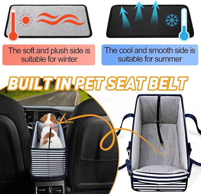 Portable Dog Car Seat for Small Dogs, Puppy Car Seat, Blue Stripes | Booster Seat With Safety Leash & Adjustable Straps Keeps Small Dogs Secure. Removable Washable Cushion. Fits Most Cars.