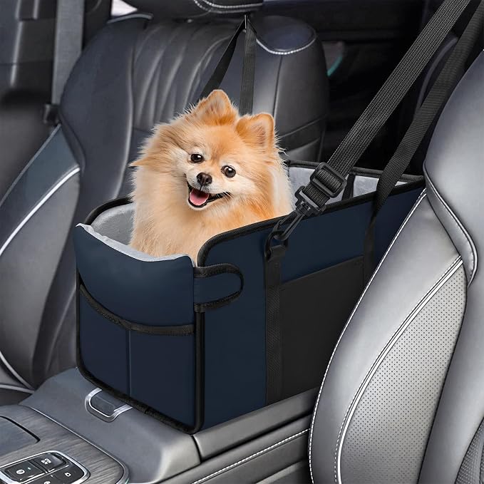 Portable Dog Car Seat for Small Dogs, Puppy Car Seat, Navy Blue | Booster Seat With Safety Leash & Adjustable Straps Keeps Small Dogs Secure. Removable Washable Cushion. Fits Most Cars.