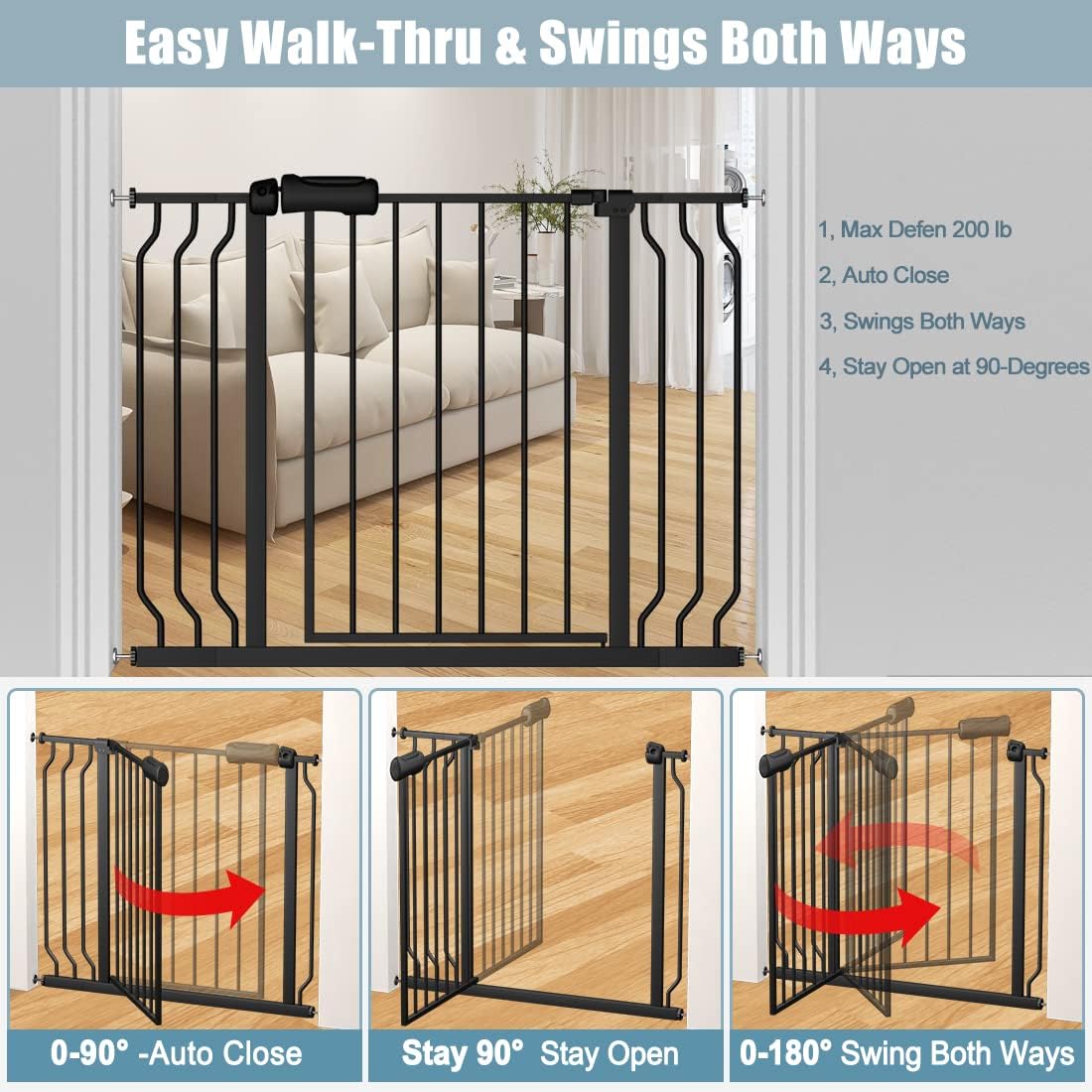 Extra Wide Baby Gate Black 34-38.5 Inch Wide Walk Through Pressure Mounted No Drill Long and Large Tension Metal Gate for Dog and Toddler