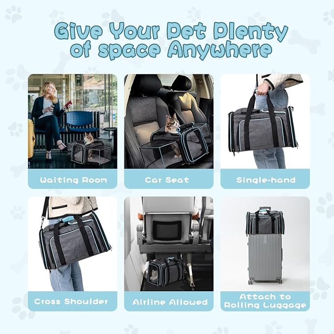 Pesen Expandable Dog & Cat Carrier, Airline Approved Soft Pet Carrier, Breathable & Collapsible Design, Ideal for Small Dogs, Cats, Rabbits and Other Small Animals – Larger Expansion Area for Comfort