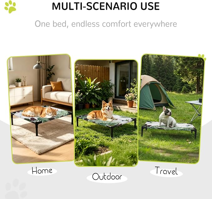 Outdoor Elevated Dog Bed for Small Dogs, Summer Hummingbirds Breathable Cooling Raised Dog Cot for Indoor/Outdoor, Tropical Palm Leaves Farmhouse Wood Waterproof Elevated Pet Beds, S 20 x 20 in