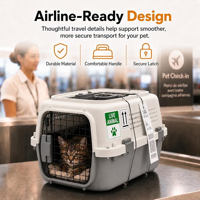 23" Airline Approved Cat Carrier Hard Shell, Dual-Entry Pet Carrier with Top & Front Doors, Detachable Food Bowl & Secure Lock, Breathable Dog Carrier for Cats & Small Dogs Up to 22 lbs - Grey