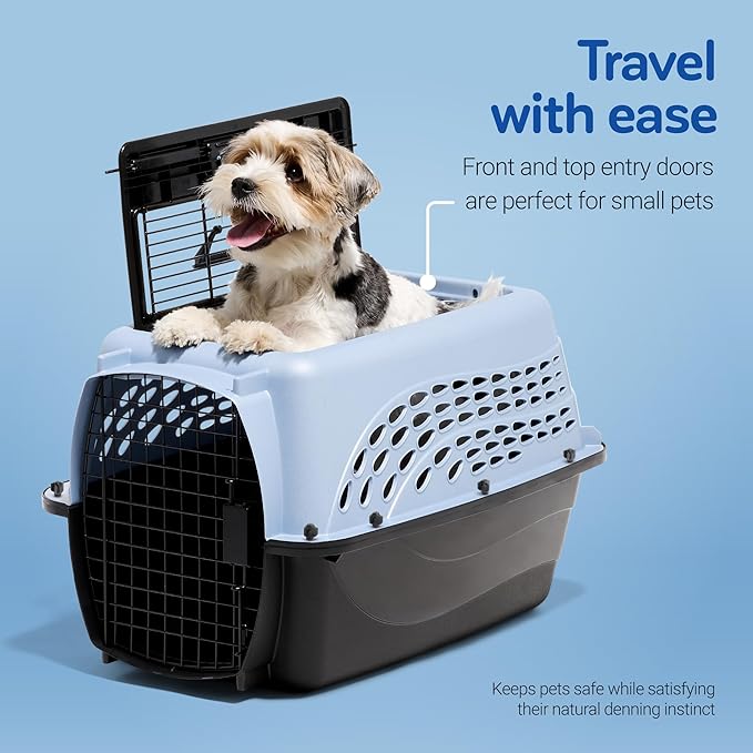 Petmate Dog Crates for Small Dogs & Cat Carriers, Two-Door Plastic Pet Kennel, Top & Front Loading, Made in USA, 24", Blue | Plastic pet kennel made in USA, for small pups and kittens, dual entry design, great for travel and vet trips, easy access