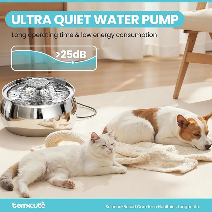 Tomxcute Cat Water Fountain, 4.0L/135oz Stainless Steel Pet Fountain Flower Design, Ultra-Quiet Pump and 3 Replacement Filters & for Cats, Dogs, Multiple Pets