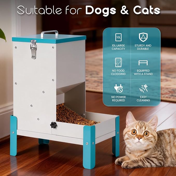 Automatic Dog Feeder 10L Gravity Cat Feeder with Stand | Dog Food Dispenser with a Detachable Feeding Tray, Galvanized Pet Feeding Station for Dogs & Cats, Relieves Neck Pressure