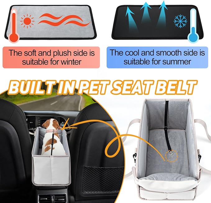 Portable Dog Car Seat for Small Dogs, Puppy Car Seat, Beige | Booster Seat With Safety Leash & Adjustable Straps Keeps Small Dogs Secure. Removable Washable Cushion. Fits Most Cars.