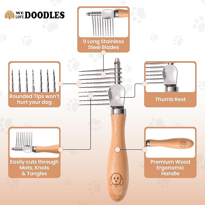 We Love Doodles Dog Grooming Detangler Brush & Rake (Mango Detangler Spray Bundle) - Stainless Steel Blades - For All Hair Types & Sizes - Safe & Gentle Formula - Made in USA