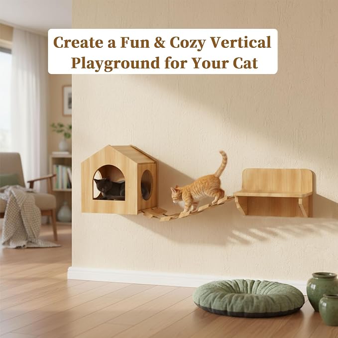 Unfinished Solid Pine Cat Wall Set - Natural Wood Cat House, Bridge & Perch Shelf | 3-Piece Wall-Mounted Climbing & Lounging Furniture for Indoor Cats
