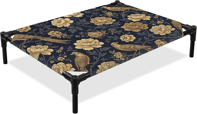 Outdoor Elevated Dog Bed for Large Dogs, Vintage Flowers Breathable Cooling Raised Dog Cot for Indoor/Outdoor, Birds on Branch Floral Elegant Plants Waterproof Elevated Pet Beds, L 28 x 22 in