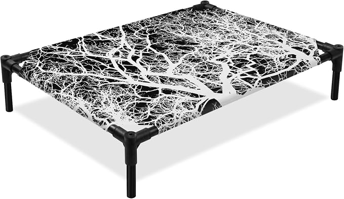 Outdoor Elevated Dog Bed for Medium Dogs, Modern Tree Branches Breathable Cooling Raised Dog Cot for Indoor/Outdoor, Contemporary Black Botanical Waterproof Elevated Pet Beds, M 24 x 20 in