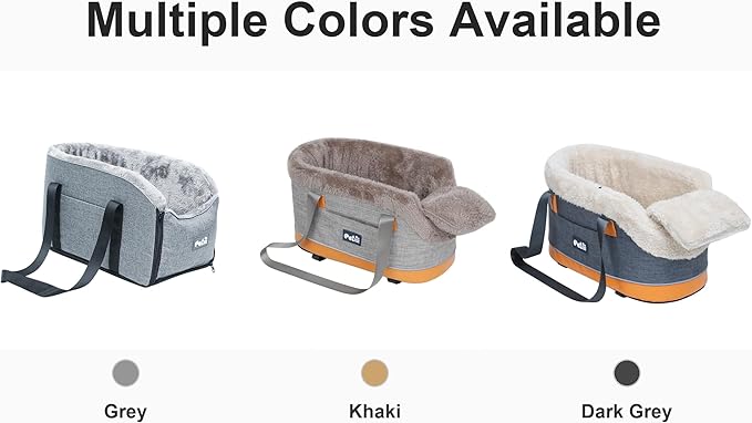 Pet Car Center Console Elevated Armrest Car Seat for Small Puppy, Dogs & Cats (Up to 10 lbs) – Dark Gray Washable Plush Carrier with Safety Leash, Fits Front Vehicle Console Space (Khaki)