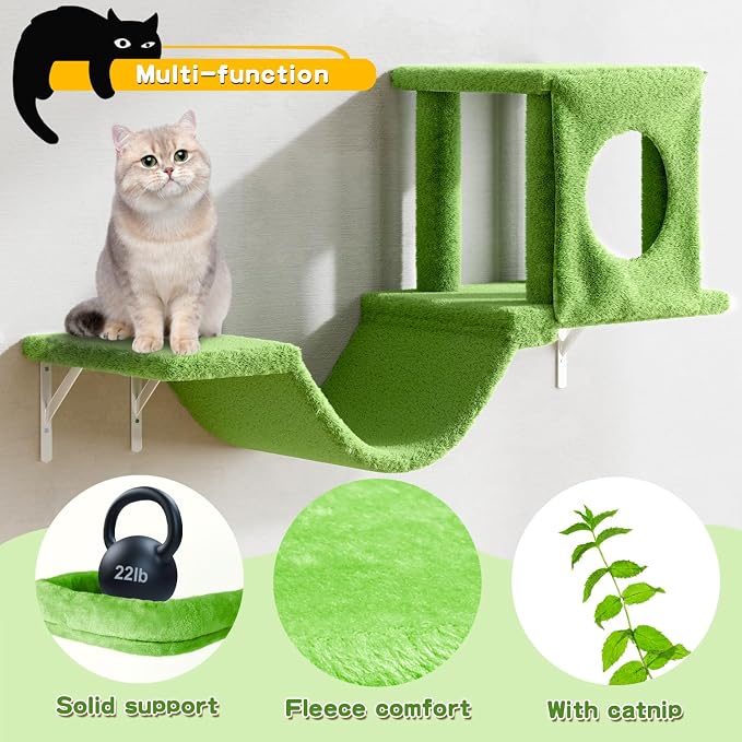 NUNU LAB Wall Mounted Cat Furniture Set - 6 Pcs Climber Set with House, Bridge, Steps, Scratcher Board - DIY Walls Playground, Indoor Cat Shelves - Green