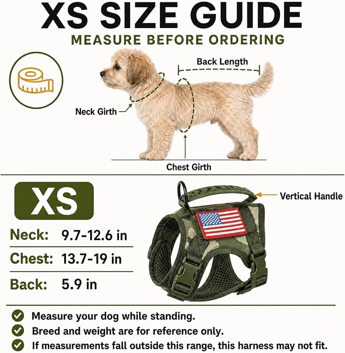 Tactical Service Dog Harness for Small Dogs, Adjustable Military K9 Working Vest with Vertical Handle, Water-Resistant MOLLE Training Gear, Camo, XS