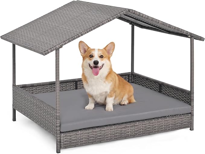 Giantex Outdoor Wicker Dog House with Roof Canopy, Elevated Rattan Dog Bed with Washable Cushion, Weatherproof Patio Pet Bed for Small Medium Dogs, Heavy Duty Metal Frame, 165 lbs, Gray