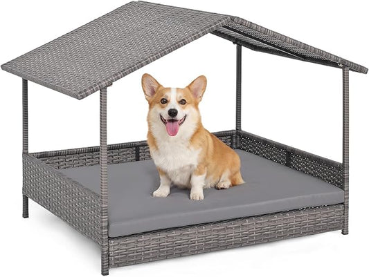 Giantex Outdoor Wicker Dog House with Roof Canopy, Elevated Rattan Dog Bed with Washable Cushion, Weatherproof Patio Pet Bed for Small Medium Dogs, Heavy Duty Metal Frame, 165 lbs, Gray