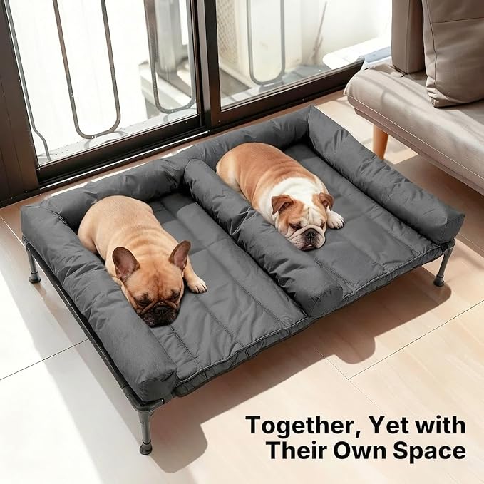 Veehoo Elevated Dog Bed for 2 Dogs, Cooling Raised Dog Bed with Bolster Mat | Outdoor Double Dog Bed with Removable Waterproof Cushion, Breathable Mesh, Non-Slip Feet for Outdoor & Indoor, 49", Bicolor