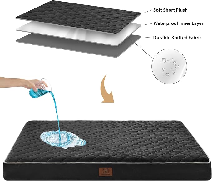 WNPETHOME Orthopedic Waterproof Dog Bed Medium for Comfy Sleeping | Washable Medium Pet Bed with Removable Cover, Multi-Needle Quilting Dogs Crate Bed Black 30x20 Inch