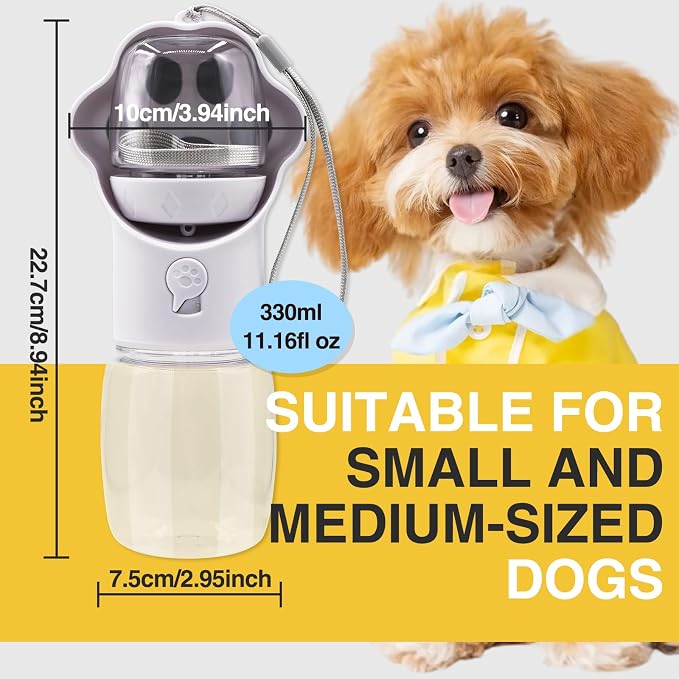 Dog Water Bottle with Food Container, Portable Pet Dispenser, Leak Proof, Hiking, Puppy Travel, Outdoor Activities(11.16 fl.oz/330ml, White)