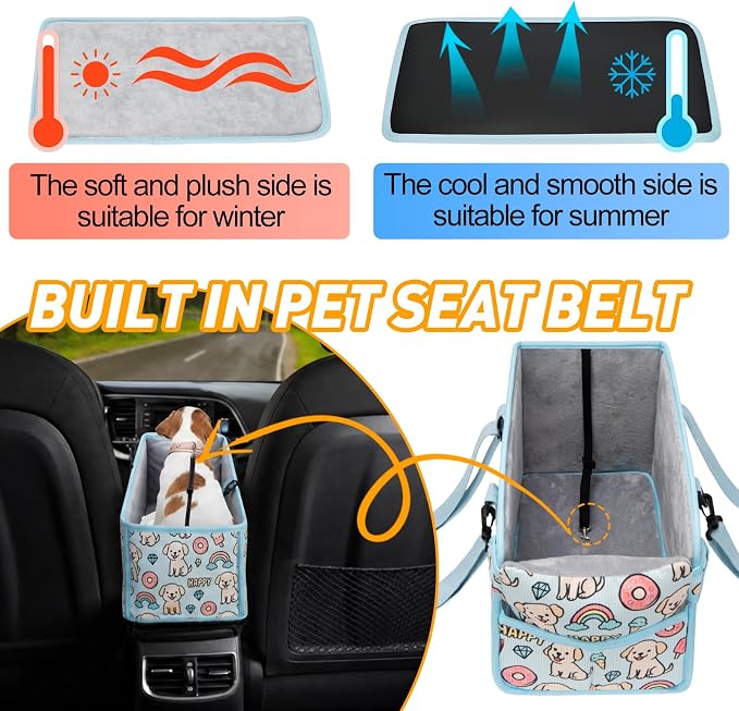 Console Dog Car Seat for Small Dogs, Foldable Booster Seat, Blue Puppy | Portable Booster Seat Sits On Car Console/ Armrest. Foldable for Easy Storage. for Center Console, Easy To Clean.