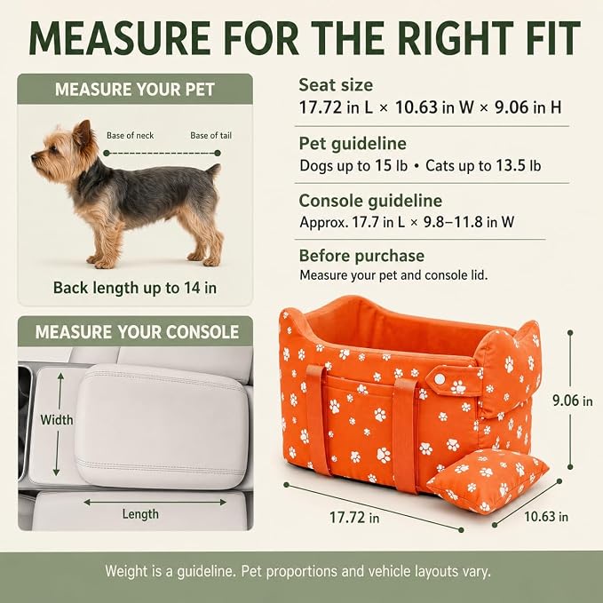 Dog Car Seat for Small Dogs 5-15 lbs, Tomato Red | Center Console Puppy Booster and Portable Travel Bed, Anti-Collapse Design with Washable Fluffy Cushion
