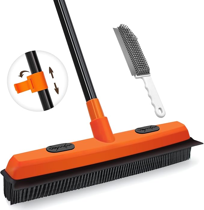 JEHONN Rubber Broom Carpet Rake for Pet Hair Remover, Fur Removal with Squeegee, Portable Detailing Brush Brush, 52.8 Inches Telescopic Long Handle for Fluff Carpet