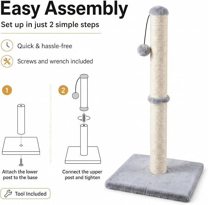 Dimaka 34" Tall Cat Scratching Post for Large Cats and Kittens, High Vertical Scratcher with Premium Natural Sisal Rope and Interactive Hanging Ball for Indoor Cat(Grey, 34 inches for Large Cats)