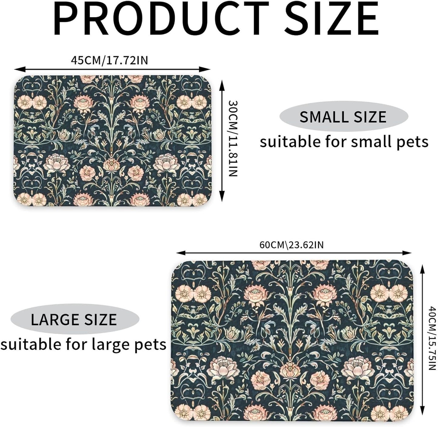 Pink Vintage Flower Dog Food Mat Absorbent Bowl Mats No Stains Quick Dry Waterproof Pet Cat Placemats for Food and Water, 30x45cm