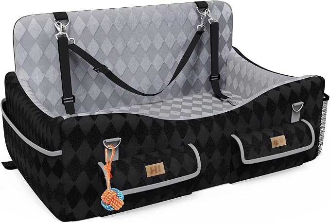 Dog Car Seat for Medium/Large Dogs up to 55lbs, 4-Pocket Storage Memory Foam Dog Booster Seat, Detachable Washable Pet Car Seat with Safety Belt, Outdoor & Indoor Use (Blue/Grey)