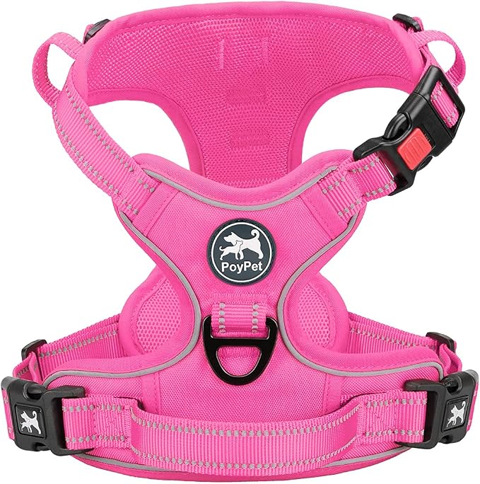 PoyPet No Pull Dog Harness, Reflective Vest with 2 Leash Clips & Handle | Lockable Neck Release Buckle, No Choke, Adjustable, Soft Padded, for Walking Training, Pink Matching Trim, Small