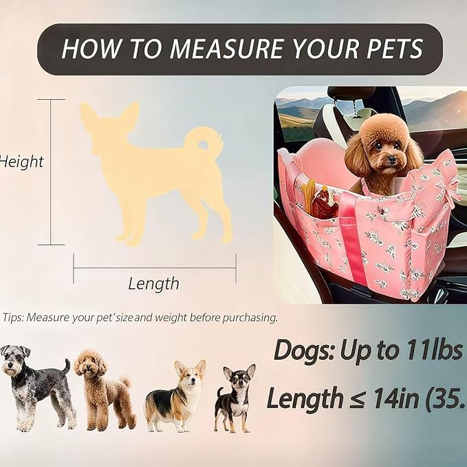 Console Dog Car Seat for Small Dogs Up to 11 Lbs, Pink Daisy | Portable Armrest Booster With Soft Cushion Safety Belt