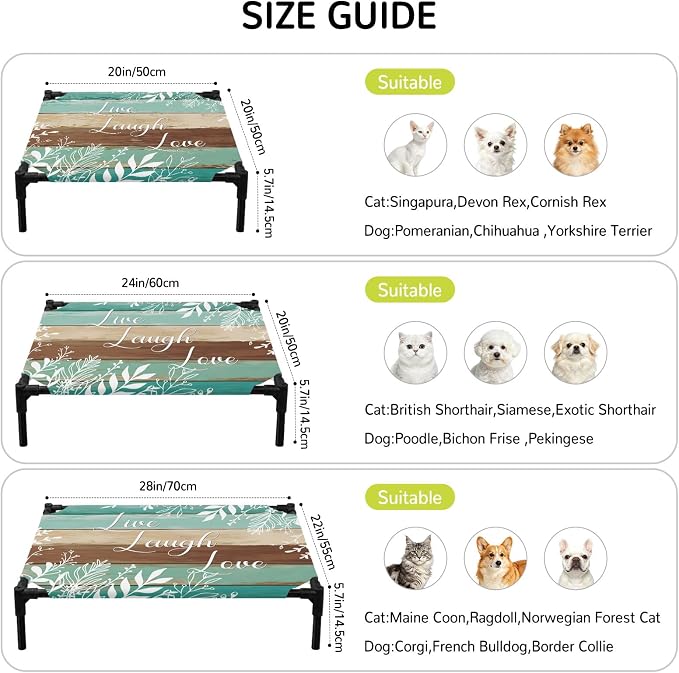 Outdoor Elevated Dog Bed for Medium Dogs, Teal Green Brown Botanical Breathable Cooling Raised Dog Cot for Indoor/Outdoor, Farmhouse Wooden Leaves Waterproof Elevated Pet Beds, M 24 x 20 in