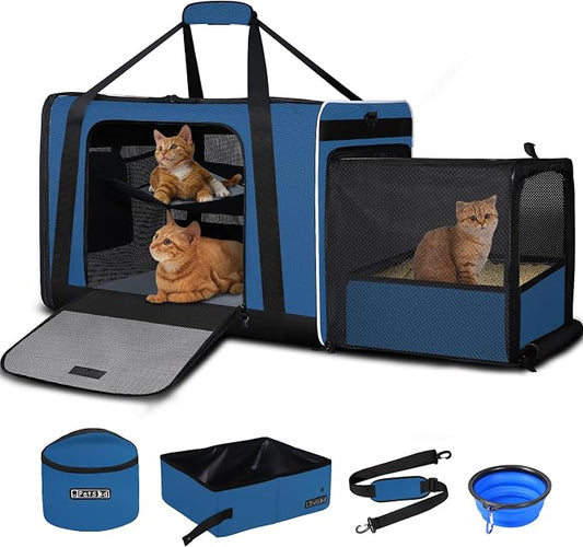 Petskd Side Expandable Extra Large Cat Carrier with Litter Box Area, 24"x17"x17" Soft-Sided Pet Carrier for 2 Cats Under 55 lbs with Zipper Locks for Car Travel(Prussian Blue)