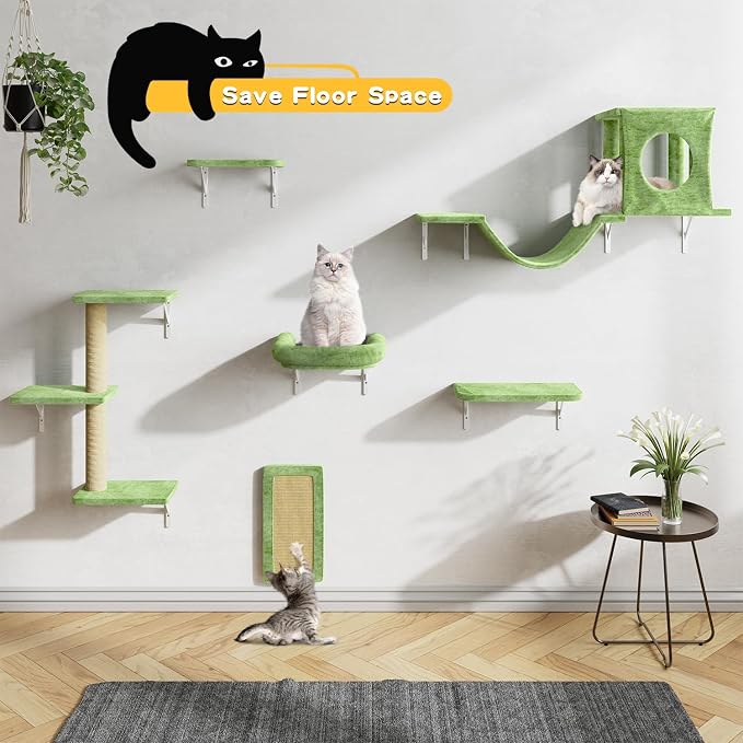 6-in-1 Cat Wall Shelves, Wall Mounted Cat Climber with Condo House, Scratching Post, Bridge Ladder, Space-Saving Indoor Play Furniture for Kittens, Green