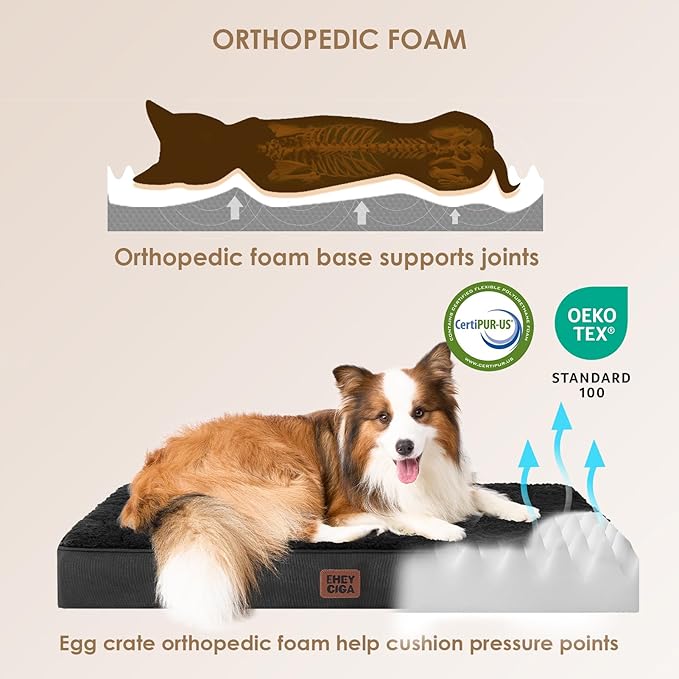 EHEYCIGA Orthopedic Dog Bed Large with Removable Washable Cover, 47IN Black | Egg Crate Foam Support, Durable Oxford fabric, Non-Slip Bottom, Machine Washable, Soft Waterproof Plush Pet Bed Mat For Crate