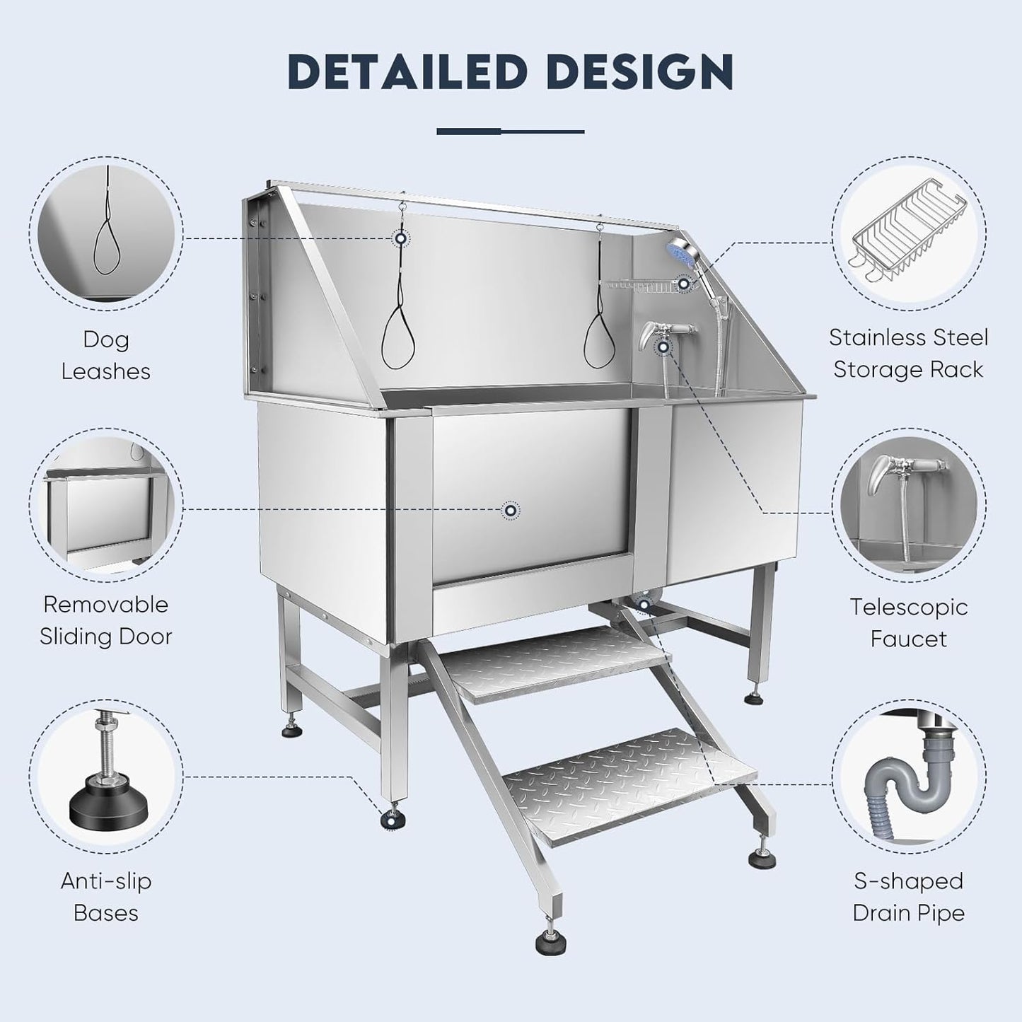 62" Pet Dog Bathing Station,Professional Stainless Steel Dog Grooming Tub,Pet Bathing Tub Dog Bathing Station with Faucet Walk-in Ramp Accessories,Commercial or Household use, (Extra Large)