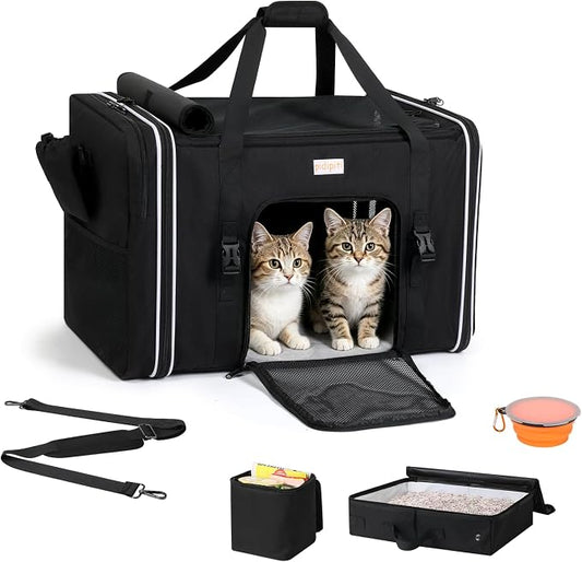 pidipiti 24 x 17 x17 Extra-Large Soft-Sided pet Carrier for 2 Cats / 1 Large cat, car Travel Kennel for Medium Dog,Long Distance Road Trip Transport cage with Litter Box.