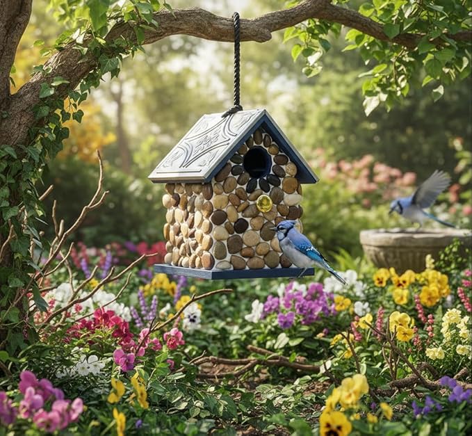 Masterpiece Bluebird Bird House for Outside Clearance, River Pebbles Cedar Bird House Bird Feeder for Outdoor, Hanging Birdhouse for Outside, Pole Mountable Birdhouse, 10 Yrs Lasting (Blue)