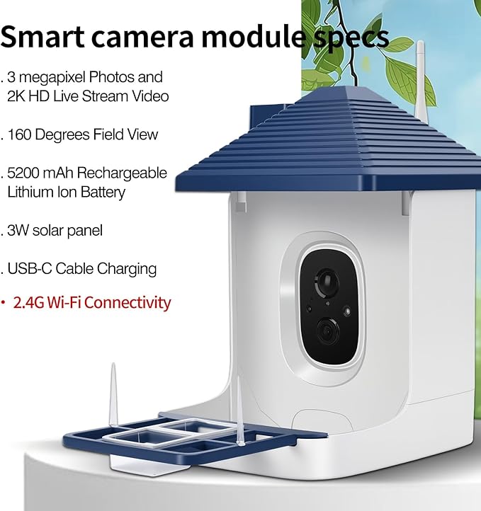 Smart Bird Feeder with Camera,AI Identify Species,Bird House with Solar Powered,Instant Arrival Alerts,2K HD Capture Video Live View,Gift for Birds Lover (Indigo Blue)