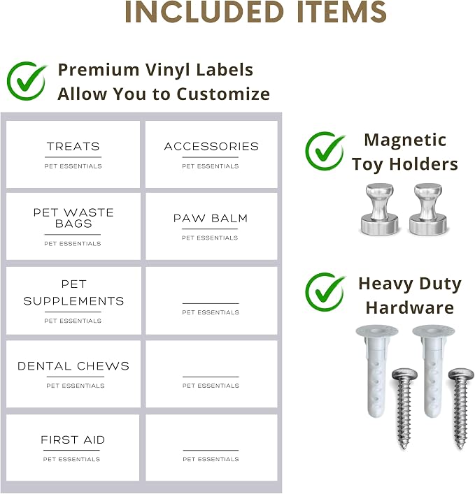 Dog Treat Holder For Wall Storage For Pets, Premium Pet Wall Organizer, Includes Three 16oz Airtight Dog Treat Jars, 3 Sets of Triple Hooks, Sturdy Shelf in Designer White