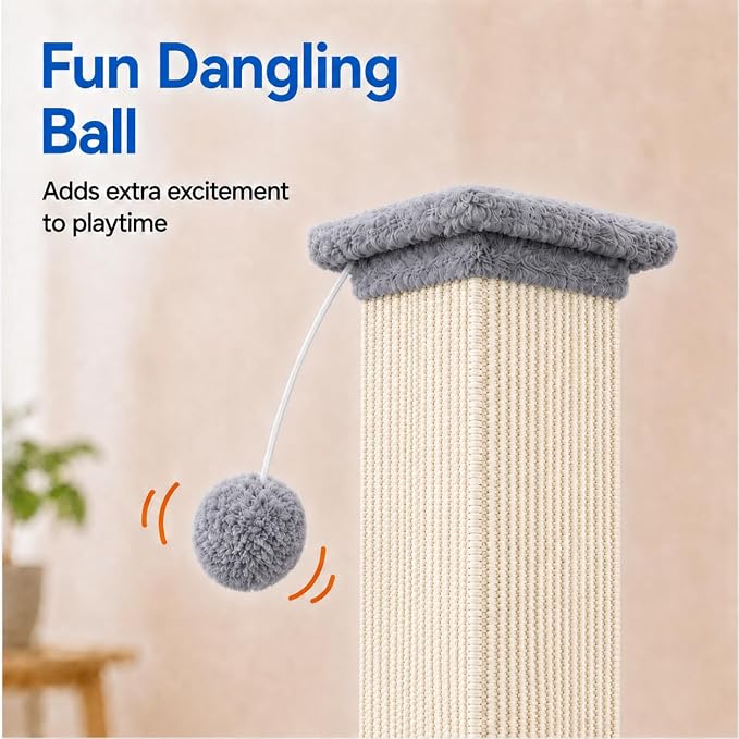 Vertical Cat Scratching Post for Indoor Cats, Sisal Scratch Tower with Soft Plush Base & Ball, 32'' Tall Cat Scratcher Column for Kittens and Adult Cats, Furniture Protection, Light Grey