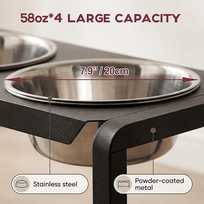 Metal Elevated Dog Bowls, Raised Dog Bowls for Medium/Large Sized Dogs with Four 58oz Stainless Steel Food Bowls, 3 Adjustable Height (8.8"/11.5"/14") Dog Bowl Stand Protect Neck & Joints